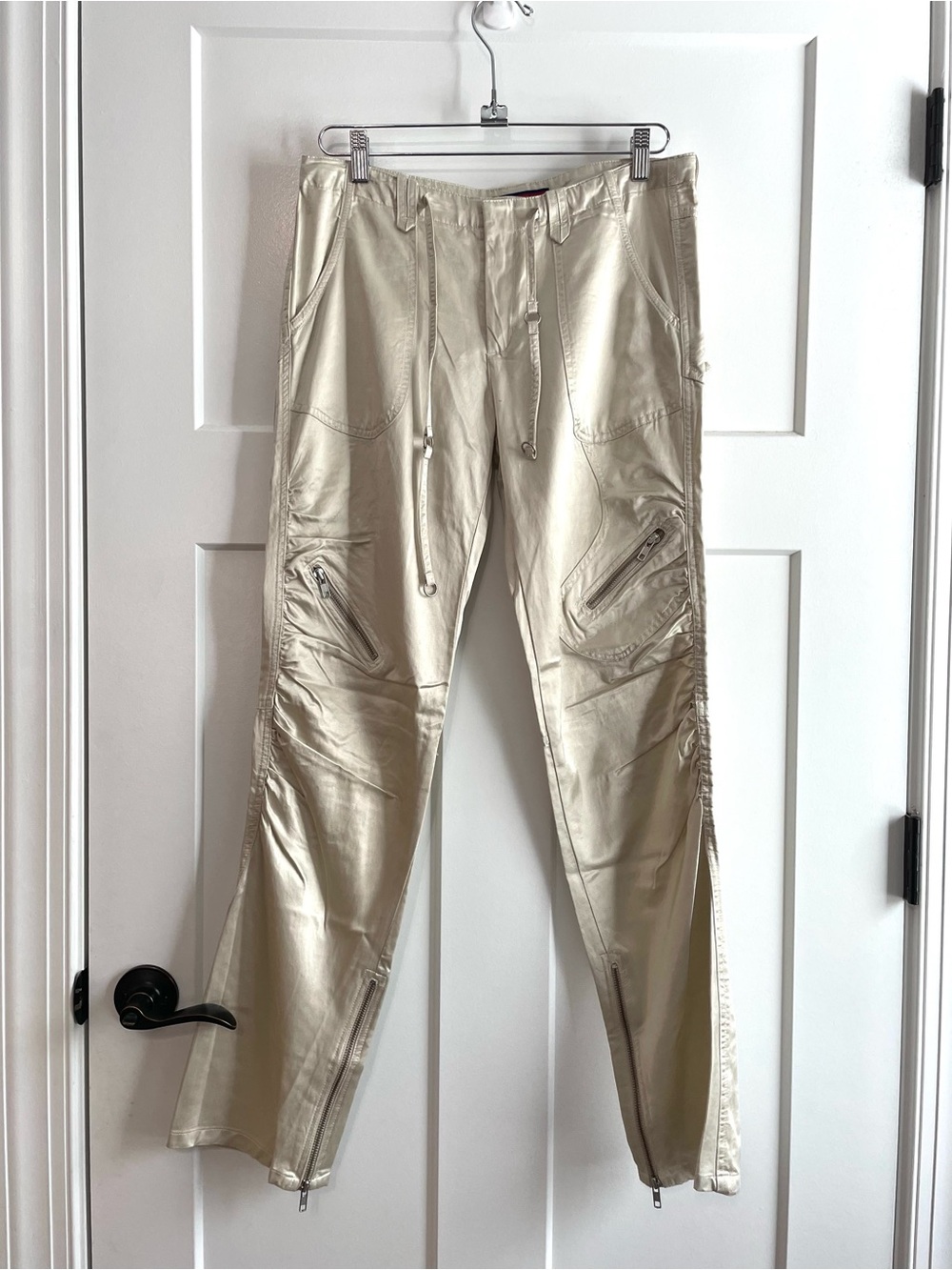 Y2K BCBGMAXAZRIA Metallic Silver Satin Cargo Zip Pants Futuristic Utility Size 6 - Picture 2 of 9